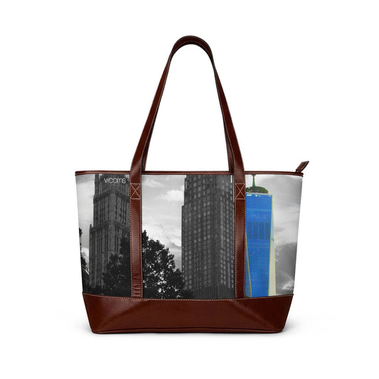 City Skyline Tote Handbag — Blue Tower Urban Scene