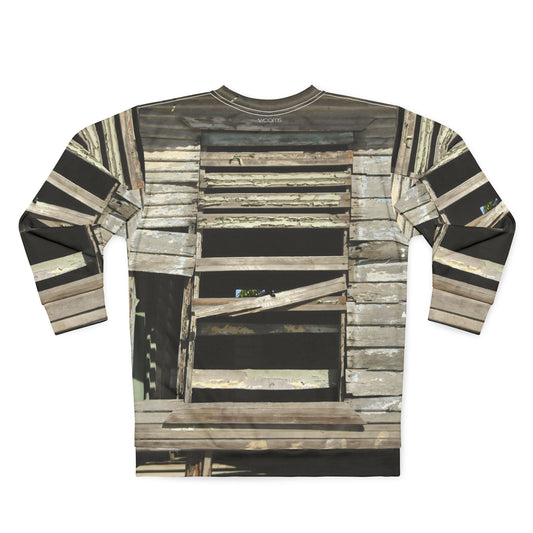Distressed Shiplap Crewneck Sweatshirt – Vintage Weathered Wood Print
