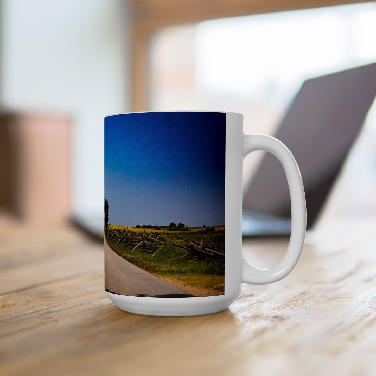 Elegant 15oz Ceramic Coffee Mug with a beautiful country landscape.