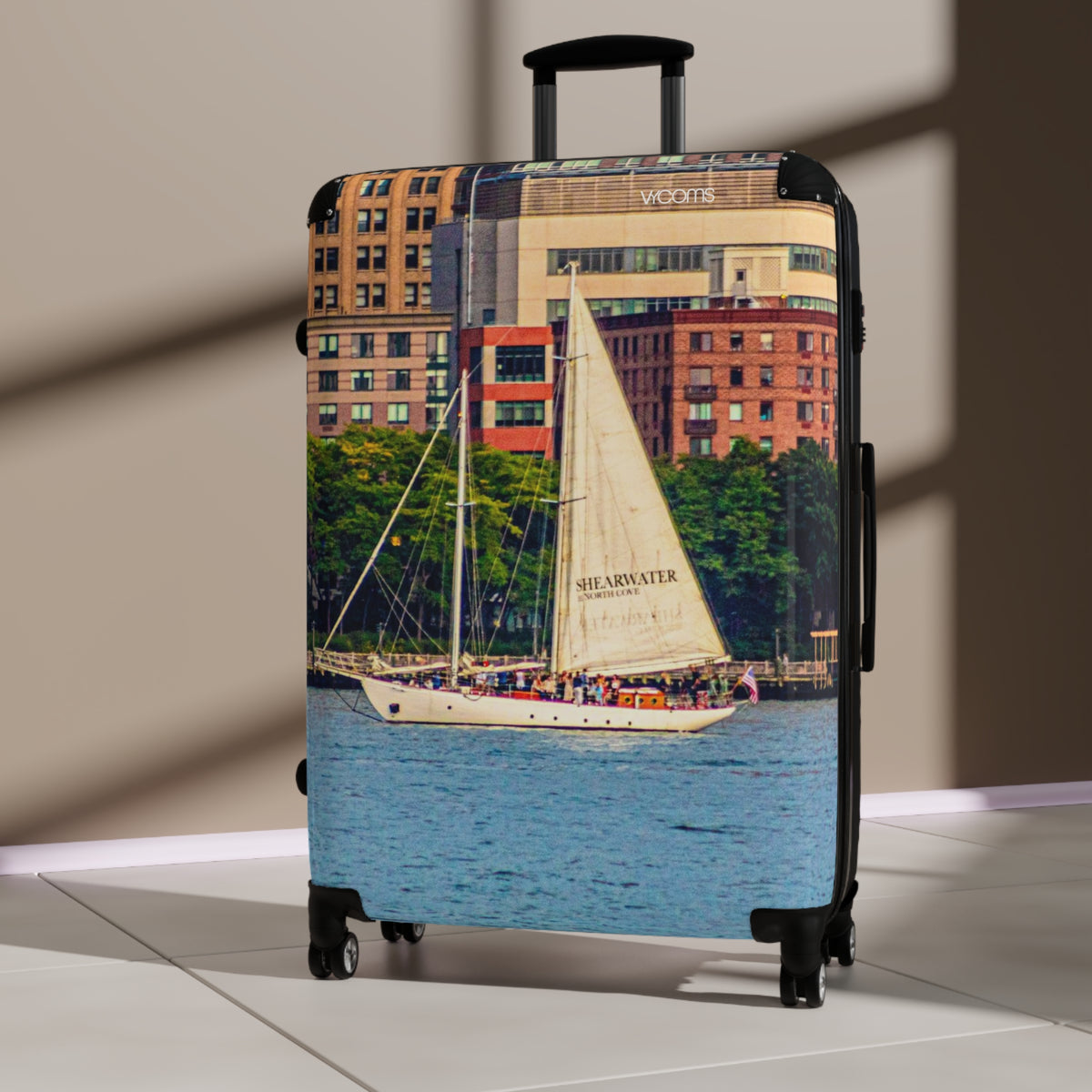 Sailboat Harbor Carry-On Suitcase — Nautical Travel Luggage with City Marina Print