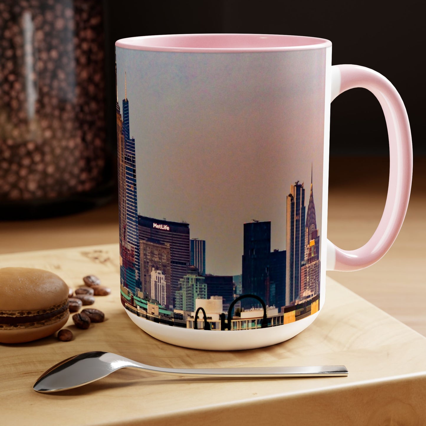 Two Tone 15oz Ceramic, Coffee Mug, Printed with a High-Res Elegant Image of New York City View.