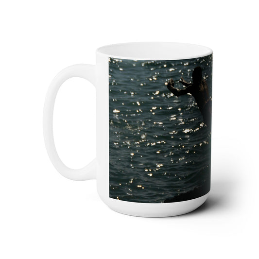 Elegant 15oz Ceramic Coffee Mug with a beautiful image of a diver from a reef.