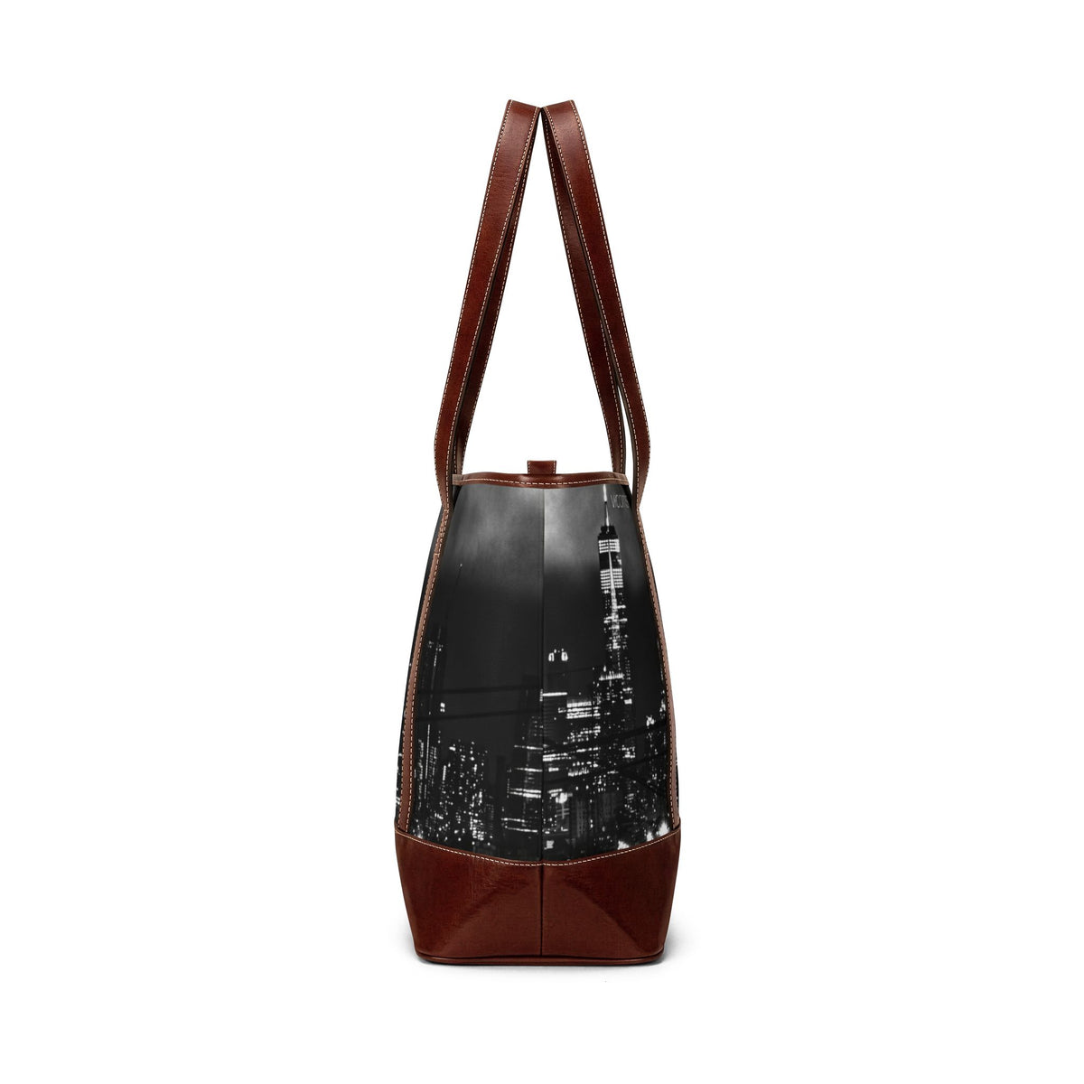 Cityscape Leather-Trim Tote Handbag — Black & White Skyline Travel Tote