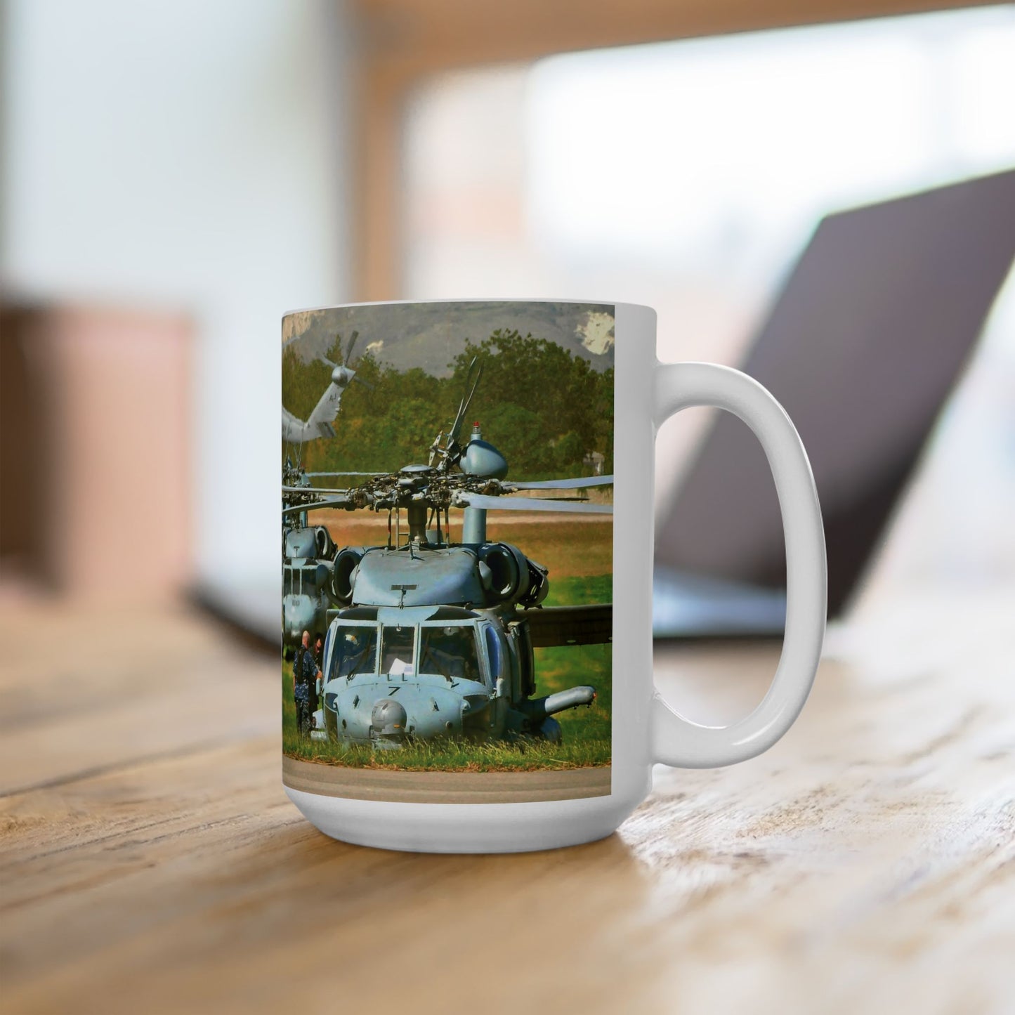 Elegant 15oz Ceramic Coffee Mug printed with a beautiful image of a UH-60 Black Hawk helicopter.
