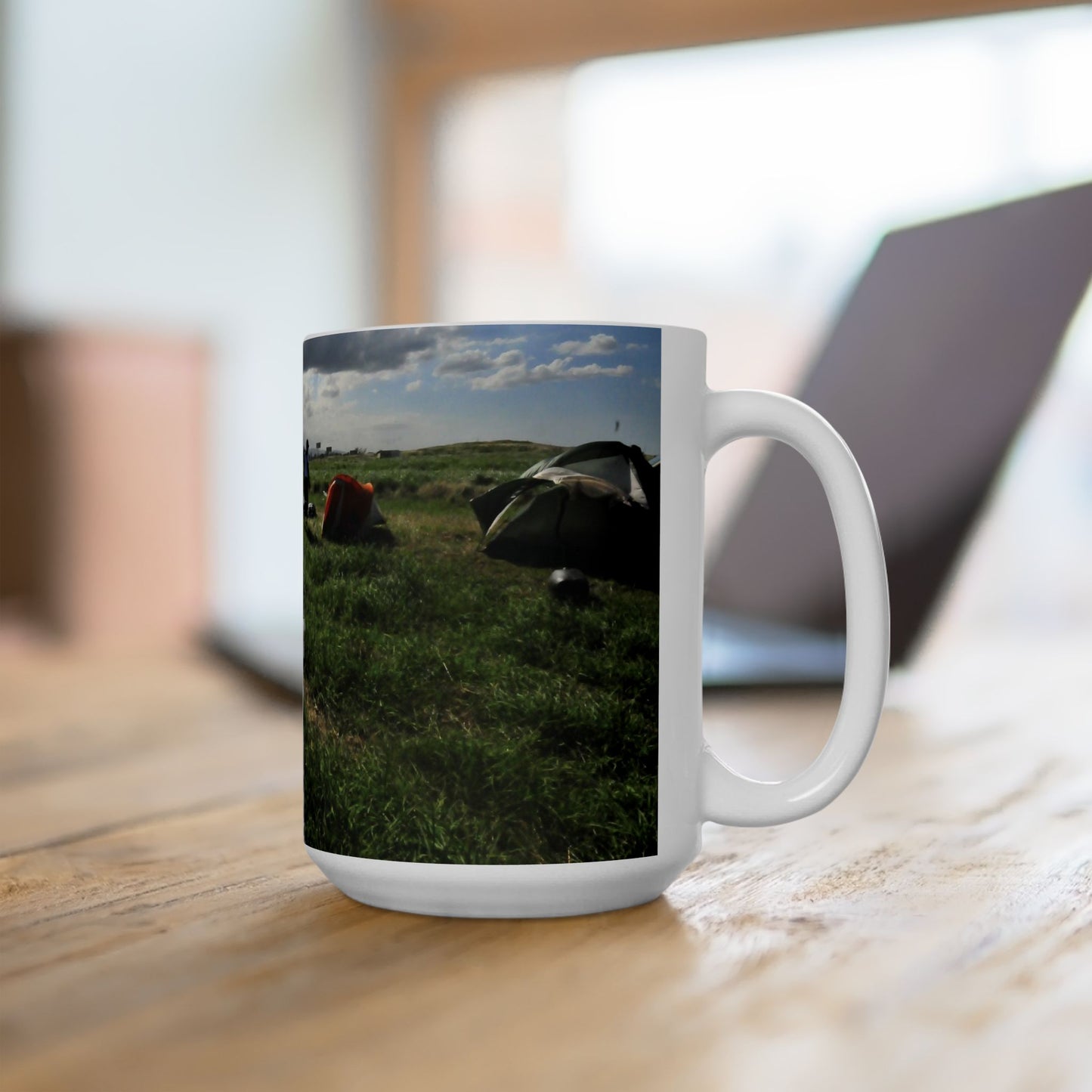 Elegant 15oz Ceramic Coffee Mug printed with beautiful image of camp tents in a open field.