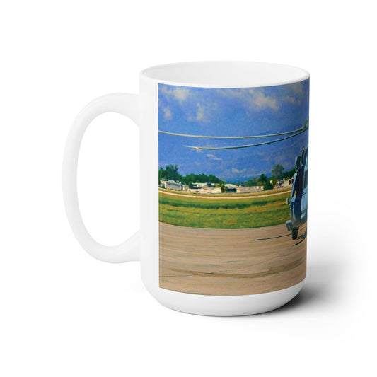 Elegant 15oz Ceramic Coffee Mug printed with a beautiful AH-60 Black Hawk helicopter image.