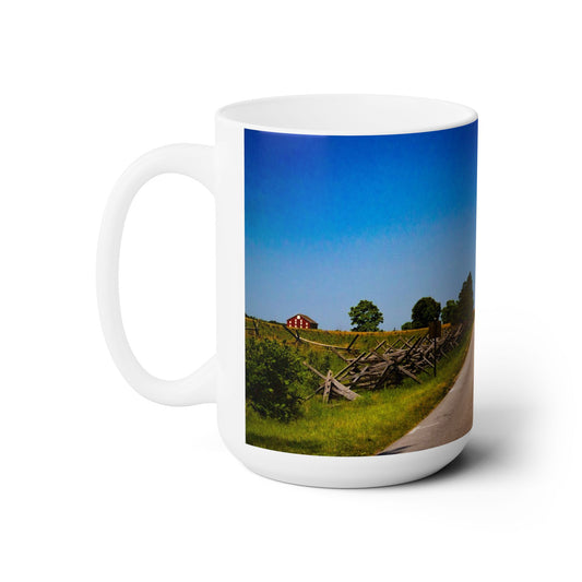 Elegant 15oz Ceramic Coffee Mug with a beautiful country landscape.