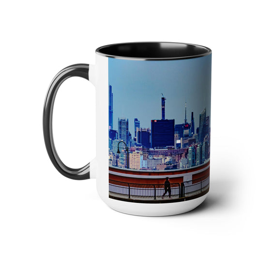 Taza de café de cerámica de dos tonos, 15 oz, estampada con una elegante imagen de alta resolución del horizonte de Nueva York