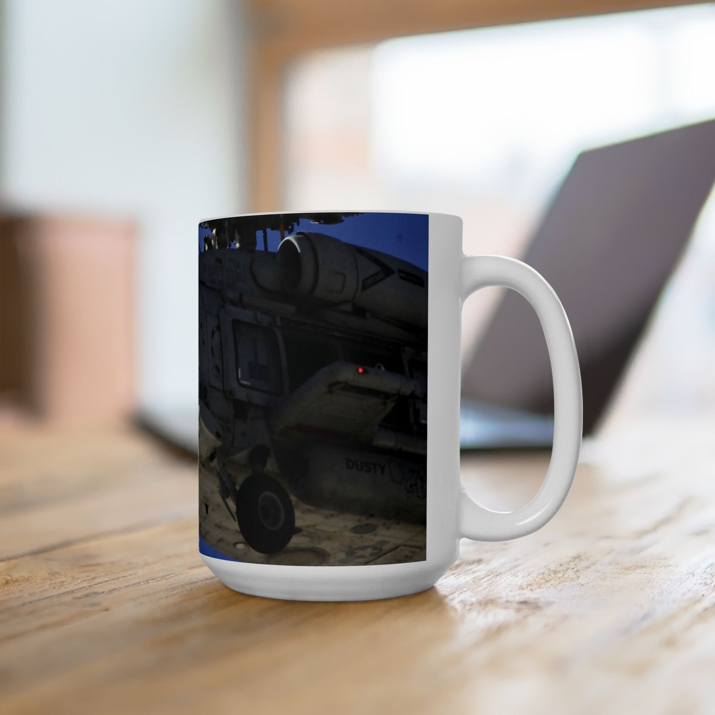 Elegant 15oz Ceramic Coffee Mug printed with a beautiful image of a UH-60 Black Hawk helicopter.