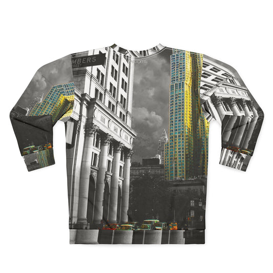Cityscape Crewneck Sweatshirt — Vintage Black & White Skyline with Gold Accent