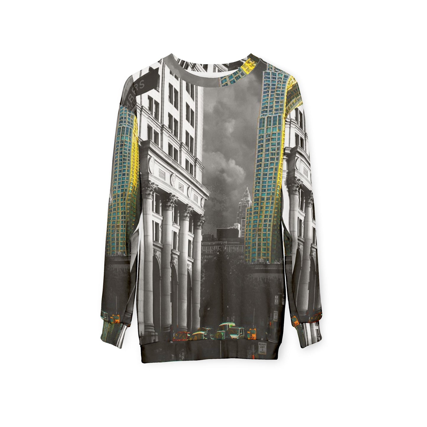 Cityscape Crewneck Sweatshirt — Vintage Black & White Skyline with Gold Accent