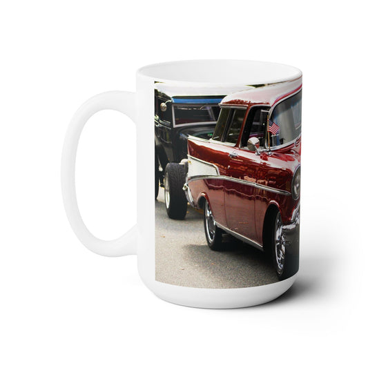 Elegant 15oz Ceramic Coffee Mug printed with a beautiful image of a red old classic automobile.