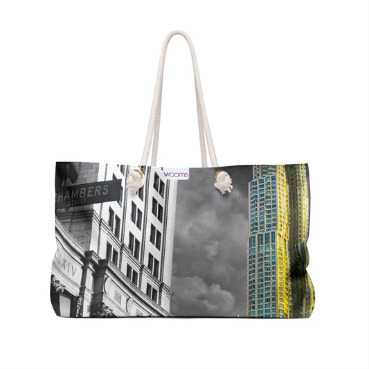 Cityscape Weekender Bag – Black & White Downtown with Colorful Skyscraper