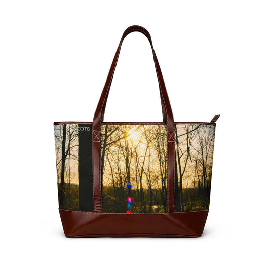 Sunlit Forest Leather-Trim Handbag — Nature Tote with Lens Flare