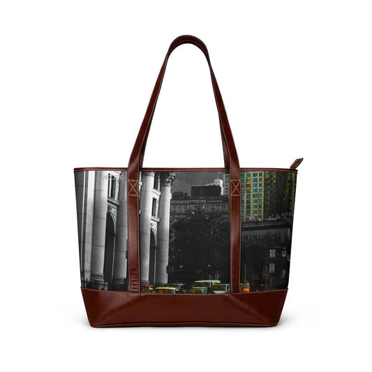 Cityscape Tote Handbag — Vintage Black & White Urban Photo with Color Accent