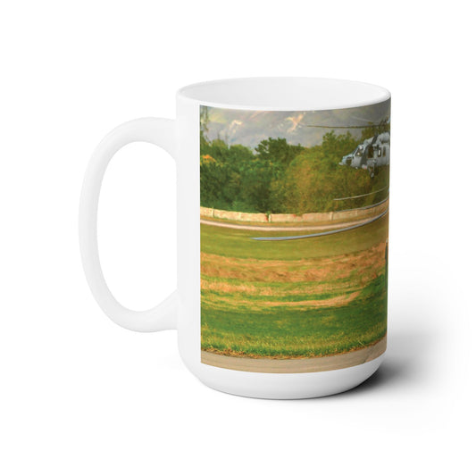 Elegant 15oz Ceramic Coffee Mug printed with a beautiful image of a UH-60 Black Hawk helicopter.