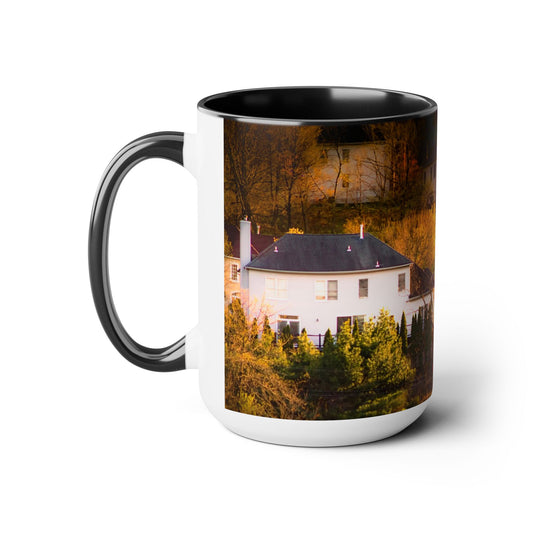 Taza de cerámica de dos tonos de 15 oz con una elegante imagen de paisaje natural a todo color y alta resolución.