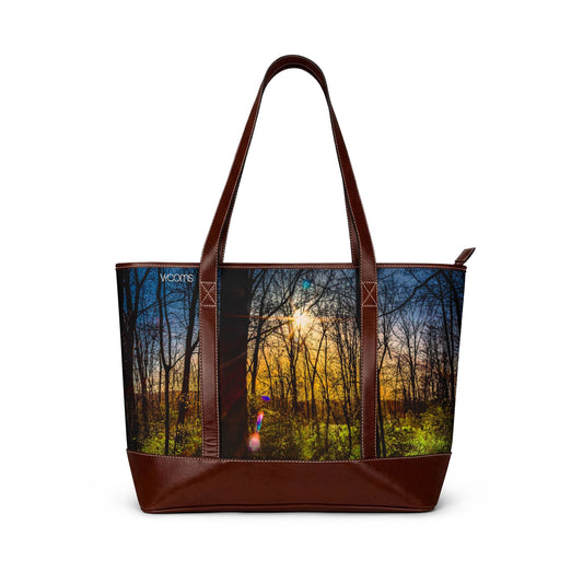 Sunlit Forest Handbag – Scenic Nature Tote Bag with Sunrise Trees Print