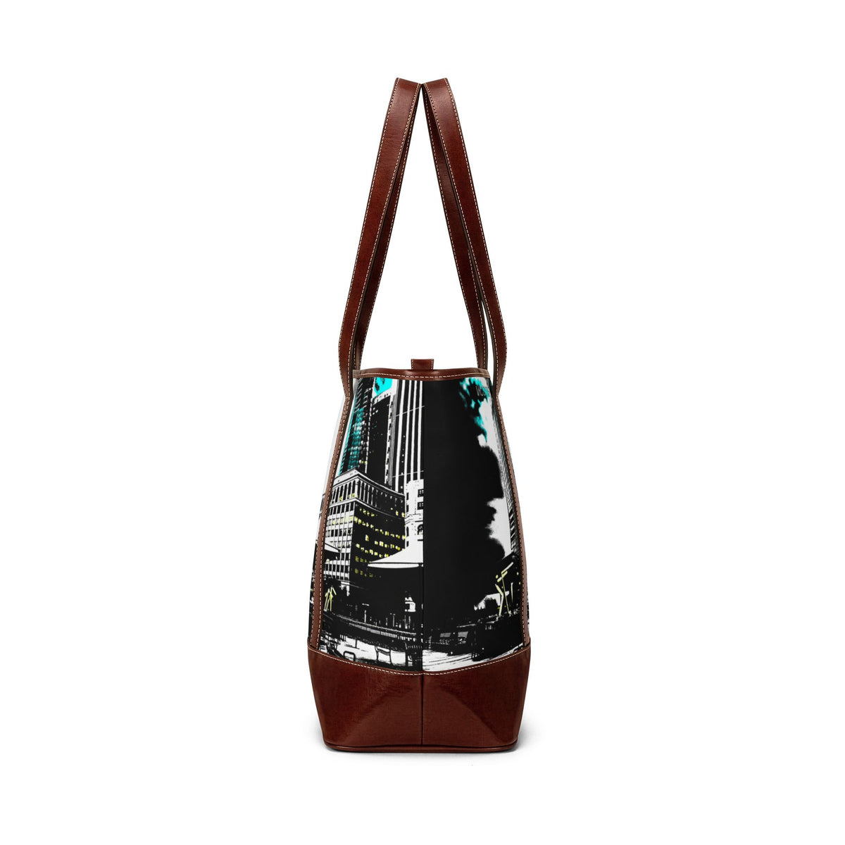 Exchange Place Cityscape Tote Handbag — Modern Urban Skyline Leather-Trim Tote