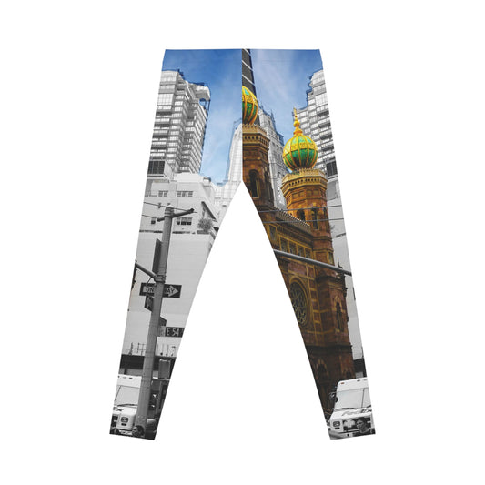 Leggings con paisaje urbano de Nueva York: Leggings con imagen de catedral vintage y ciudad