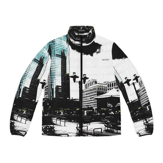 Cityscape Men’s Puffer Jacket — Black & Teal Urban