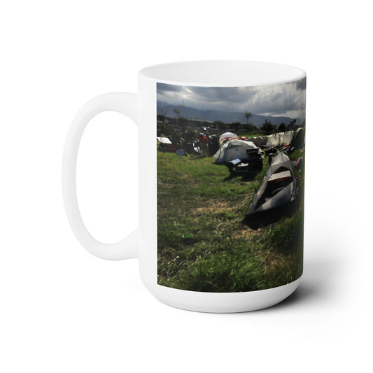 Elegant 15oz Ceramic Coffee Mug printed with beautiful image of camp tents in a open field.