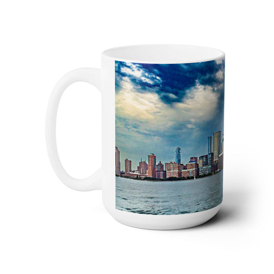 Taza de cerámica blanca de 15 oz, impresa con una imagen elegante de alta resolución del perfil urbano de Nueva York