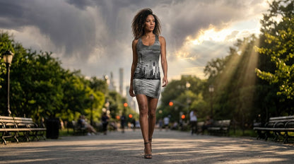 City Skyline Racerback Dress — Black & White New York Waterfront Print