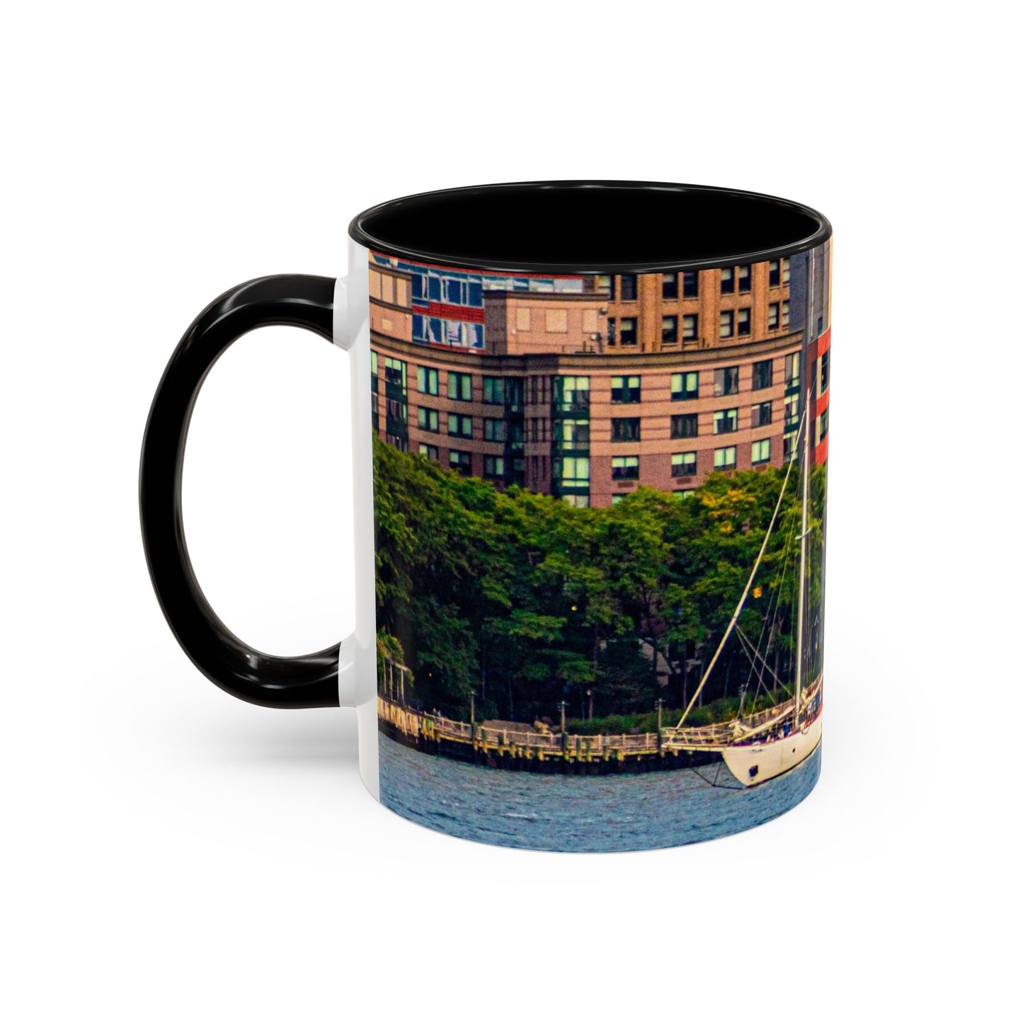 Two Tone Ceramic, 11oz Coffe Mug, Printed with a High-Res Elegant Image of a Saul Boat at the Hudson River, New York.