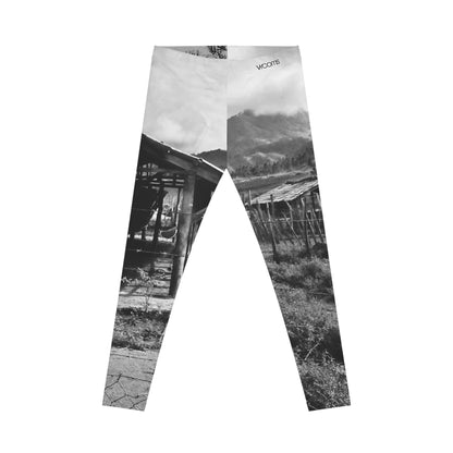 Rustic Village Photo Leggings — Black & White Scenic