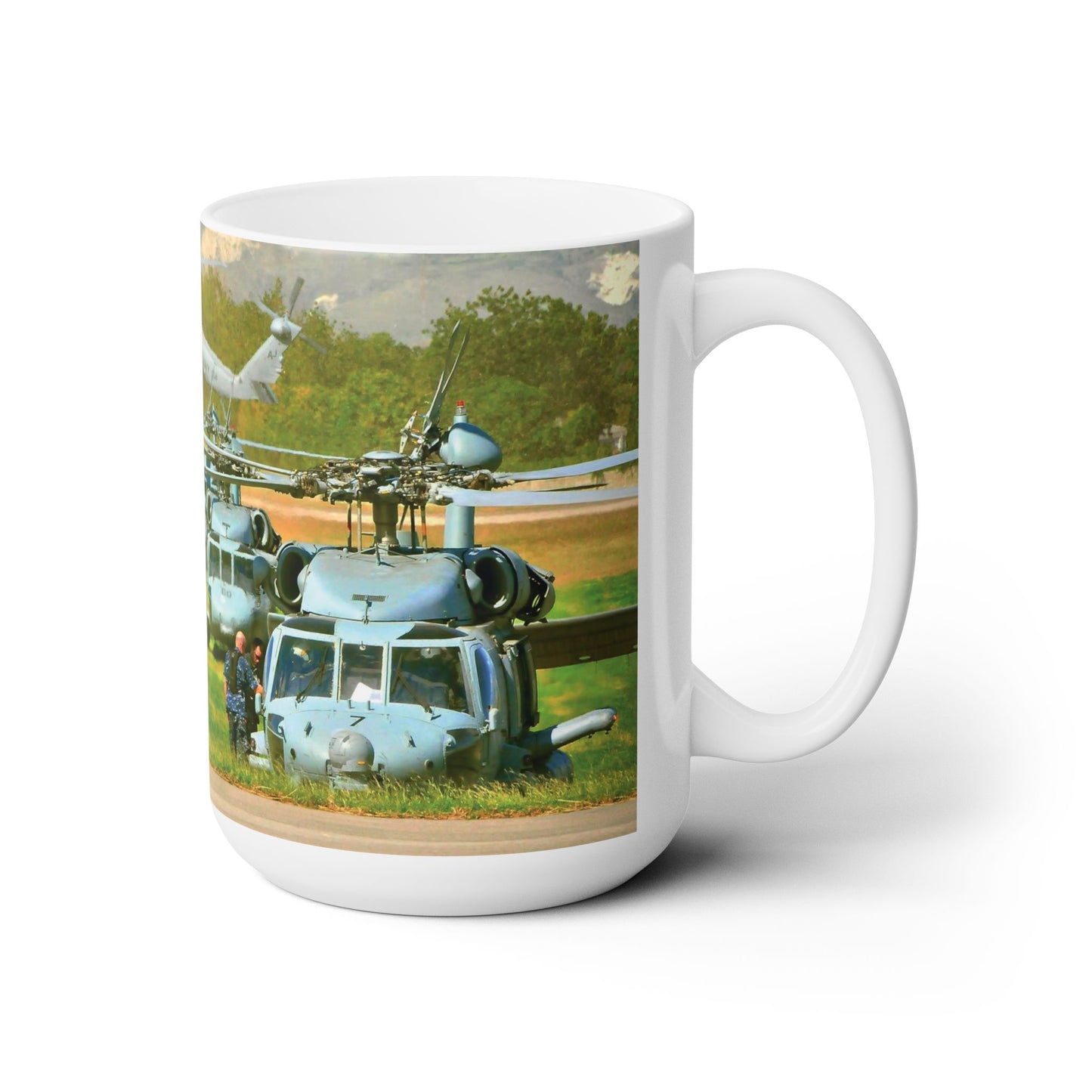 Elegant 15oz Ceramic Coffee Mug printed with a beautiful image of a UH-60 Black Hawk helicopter.