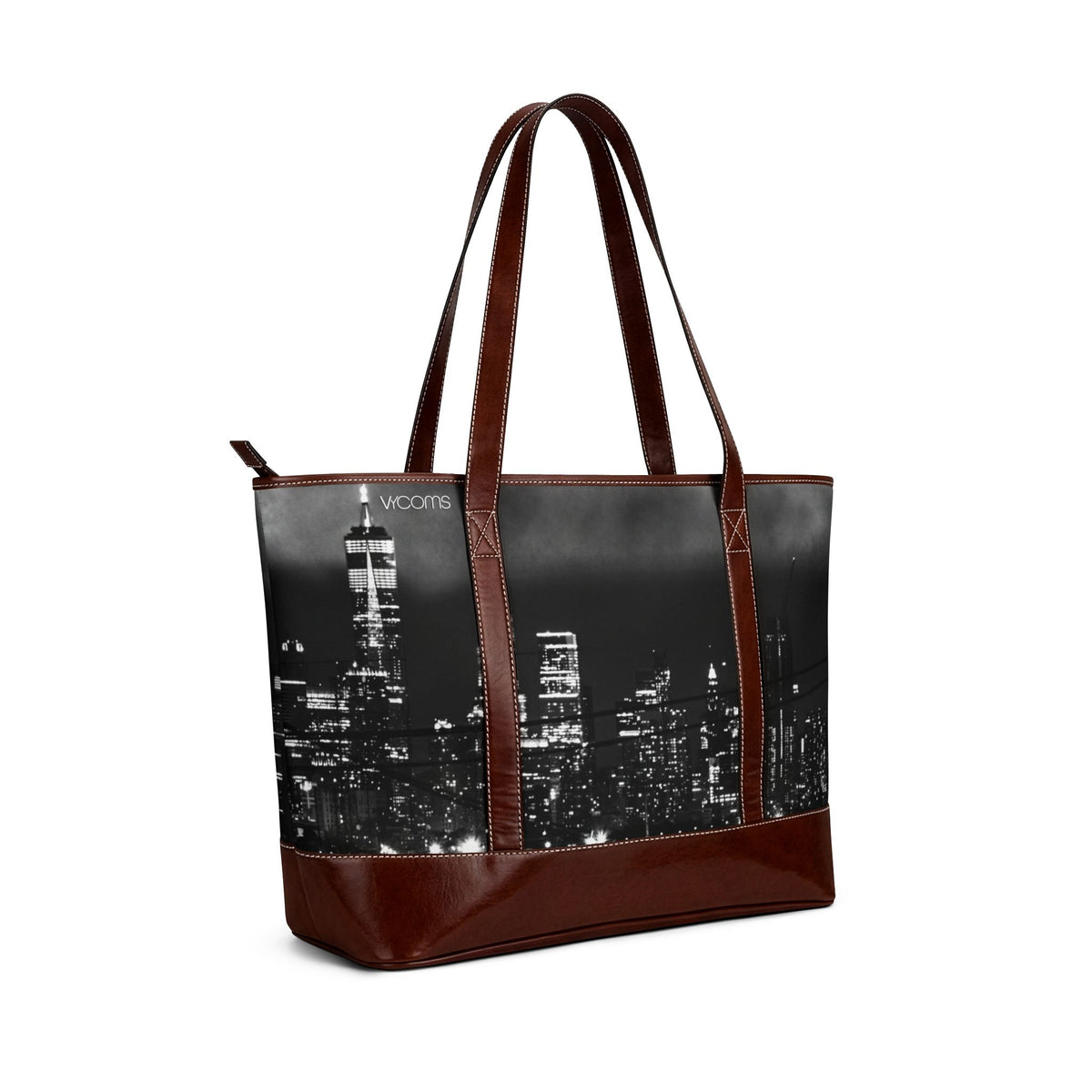 Cityscape Leather-Trim Tote Handbag — Black & White Skyline Travel Tote