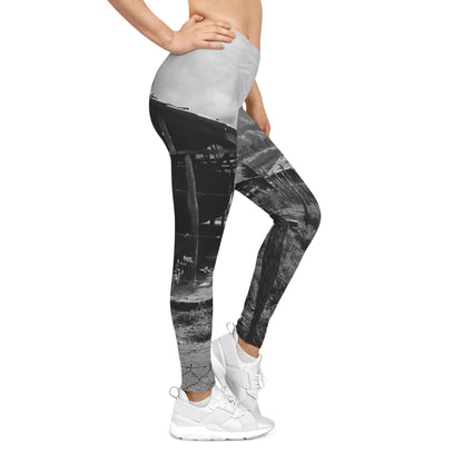 Rustic Village Photo Leggings — Black & White Scenic