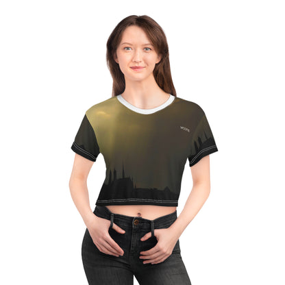 Sunset Cityscape Crop Tee — Moody Skyline Graphic Top