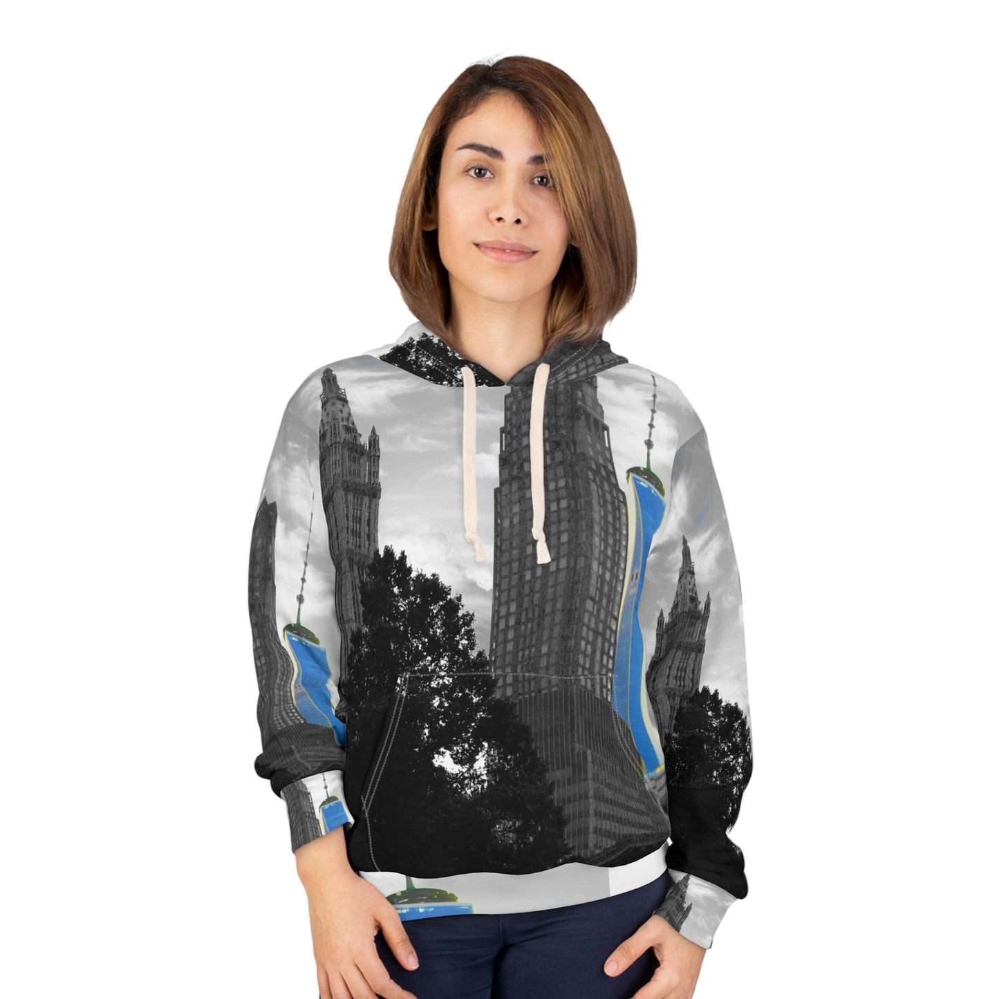 Unisex Pullover Hoodie decorated with a beautiful New York urban landscape image.