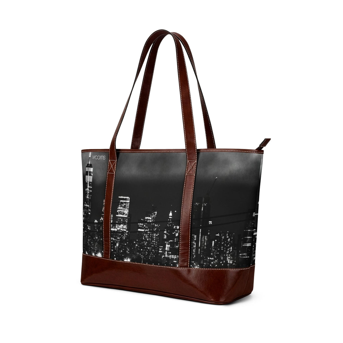 Cityscape Leather-Trim Tote Handbag — Black & White Skyline Travel Tote