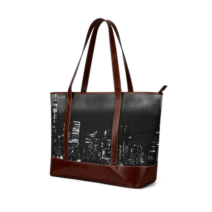 Cityscape Leather-Trim Tote Handbag — Black & White Skyline Travel Tote