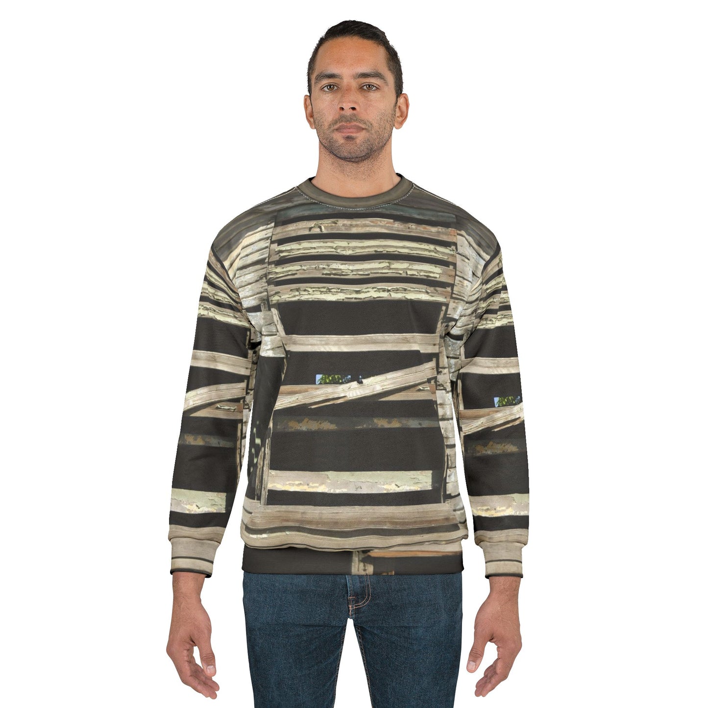 Distressed Shiplap Crewneck Sweatshirt – Vintage Weathered Wood Print