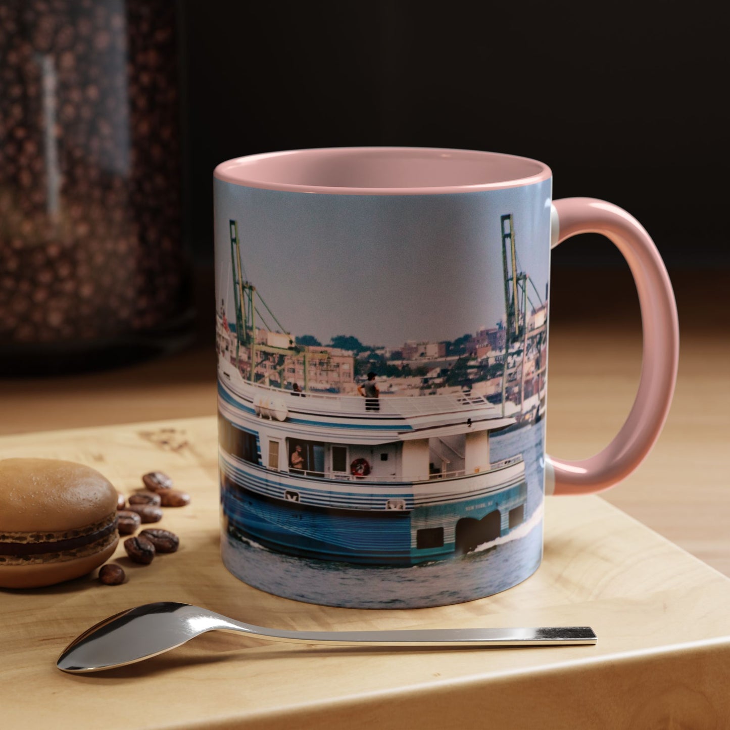 Two Tone 11oz Ceramic, Coffe Mug, Printed with a High-Res Elegant Image of a Boat at the Hudson River, New York.