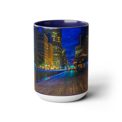 Two Tone, 15oz Ceramic Coffee Mug, Printed with a High-Res Beautiful Urban Landscape from Exchange Place, New Jersey.