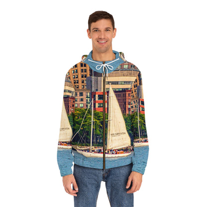 Sailboat Cityscape Zip Hoodie — Men’s Nautical Jacket