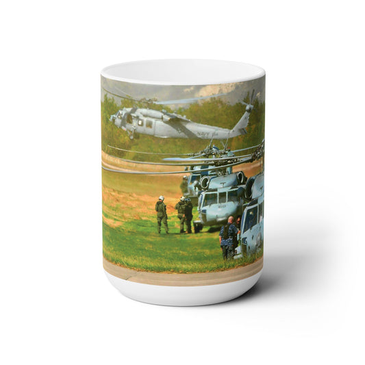 Elegant 15oz Ceramic Coffee Mug printed with a beautiful image of a UH-60 Black Hawk helicopter.