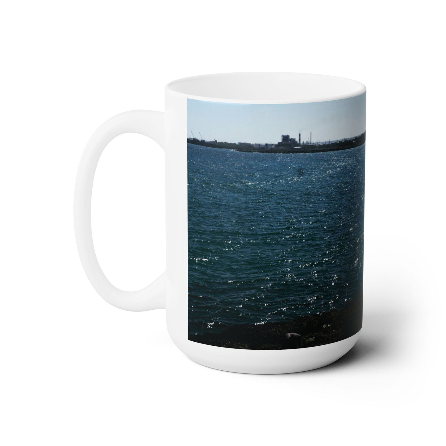 Elegant 15oz Ceramic Coffee Mug with a beautiful sea coast at sunset image.