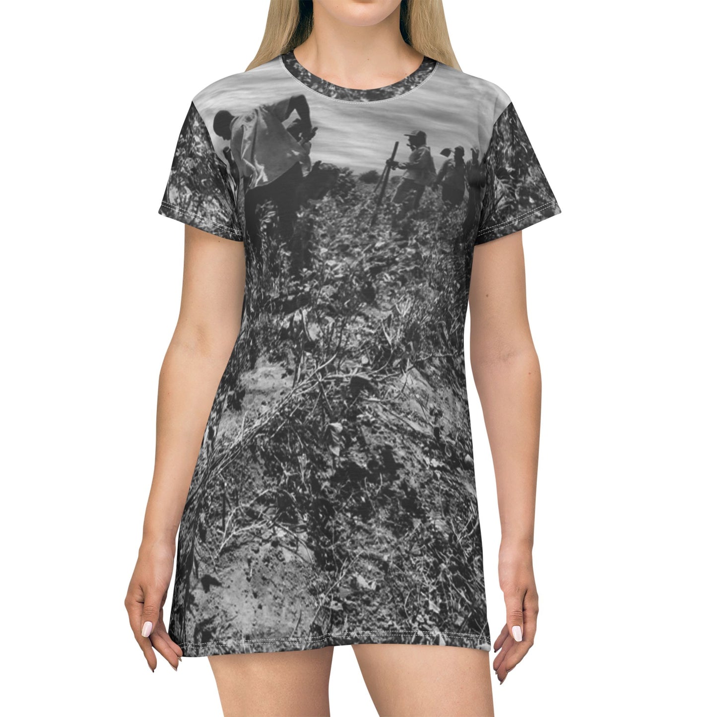 Vintage Black & White Field Scene Dress — Farmers Plowing