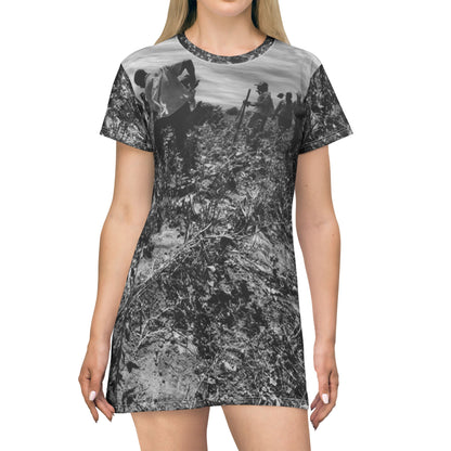 Vintage Black & White Field Scene Dress — Farmers Plowing