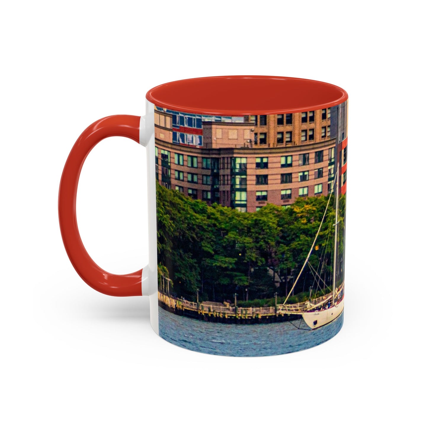 Two Tone Ceramic, 11oz Coffe Mug, Printed with a High-Res Elegant Image of a Saul Boat at the Hudson River, New York.