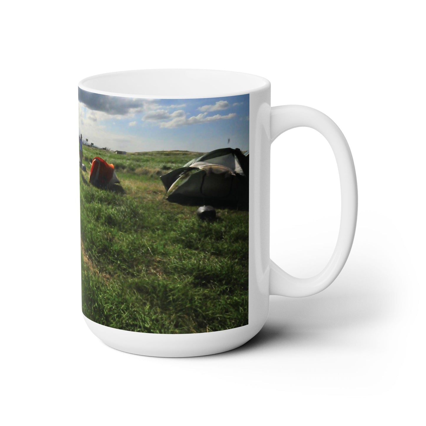 Elegant 15oz Ceramic Coffee Mug printed with beautiful image of camp tents in a open field.