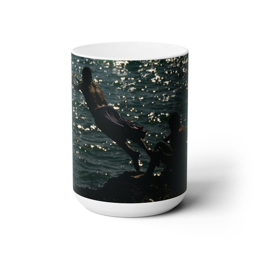 Elegant 15oz Ceramic Coffee Mug with a beautiful image of a diver from a reef.