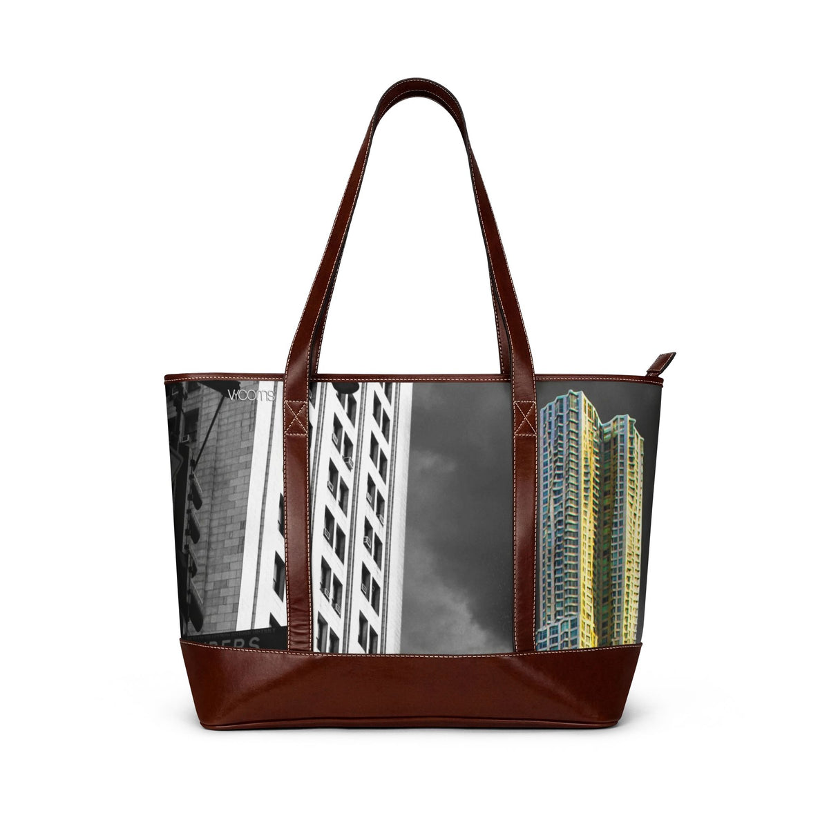 NY Middle Town Cityscape Tote Handbag — Vintage Black & White Urban Photo