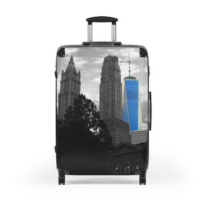 New York Skyline Carry-On Suitcase — Black & White Cityscape with Blue One World Trade Center Accent